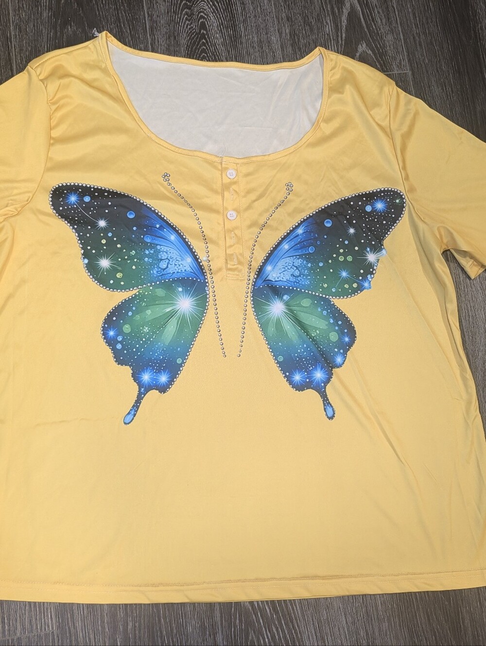 Yellow Women's Butterfly Print Button-Neck Top